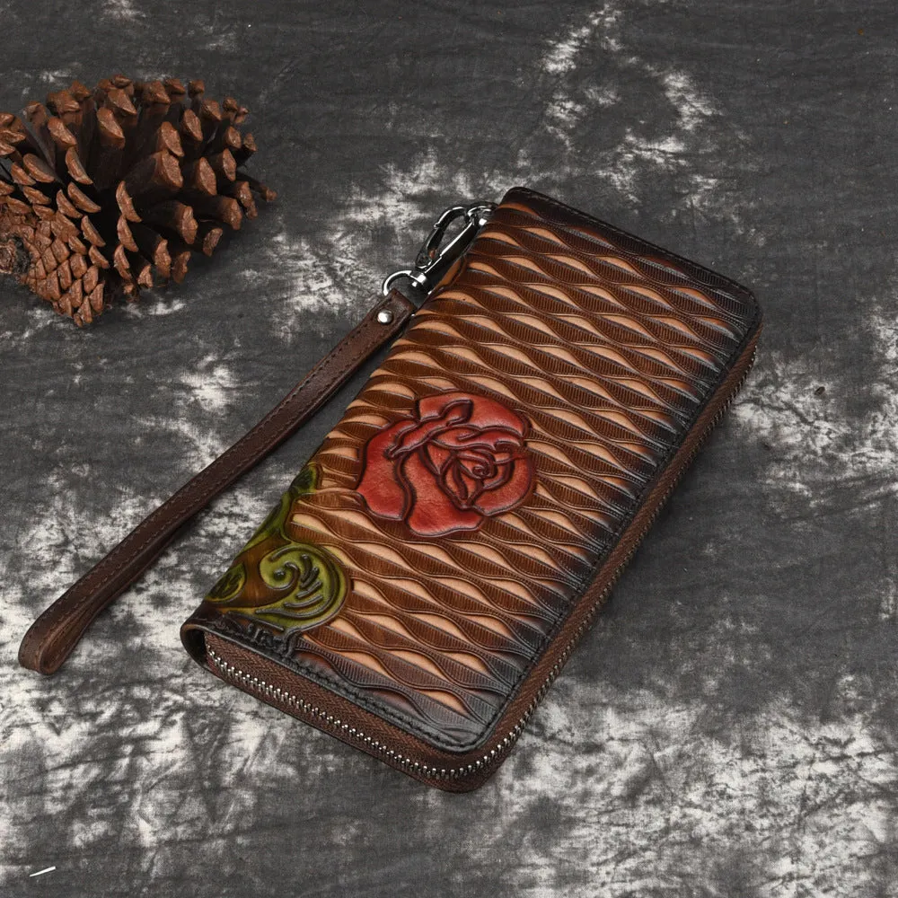 Womens Rose Flower Leather Zip Around Wallet Wristlet Wallet Flower Ladies Zipper Clutch Wallet for Women