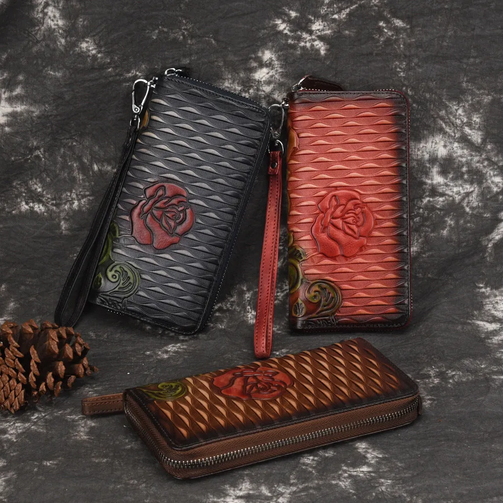 Womens Rose Flower Leather Zip Around Wallet Wristlet Wallet Flower Ladies Zipper Clutch Wallet for Women
