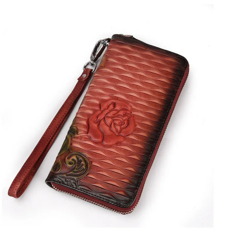 Womens Rose Flower Leather Zip Around Wallet Wristlet Wallet Flower Ladies Zipper Clutch Wallet for Women