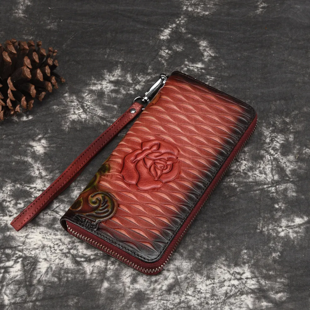 Womens Rose Flower Leather Zip Around Wallet Wristlet Wallet Flower Ladies Zipper Clutch Wallet for Women