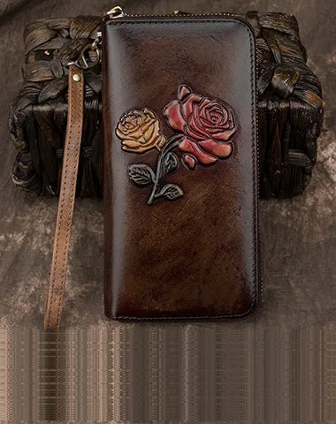 Womens Rose Flowers Black Leather Wristlet Wallets Zip Around Wallet Flowers Ladies Zipper Clutch Wallet for Women