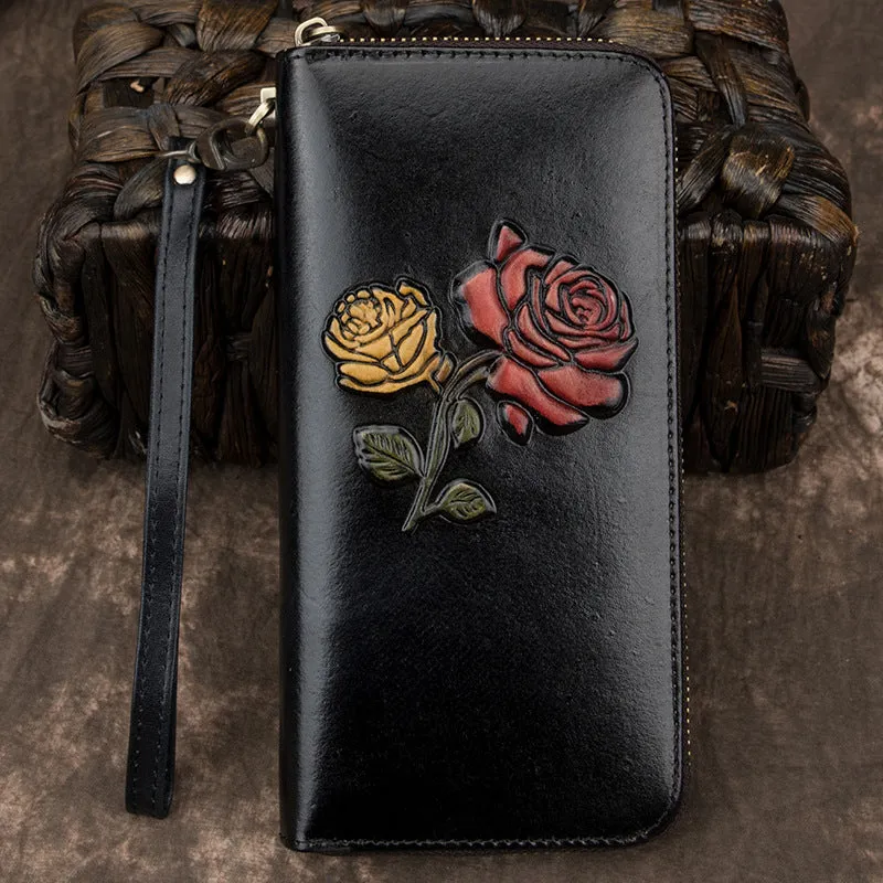 Womens Rose Flowers Black Leather Wristlet Wallets Zip Around Wallet Flowers Ladies Zipper Clutch Wallet for Women