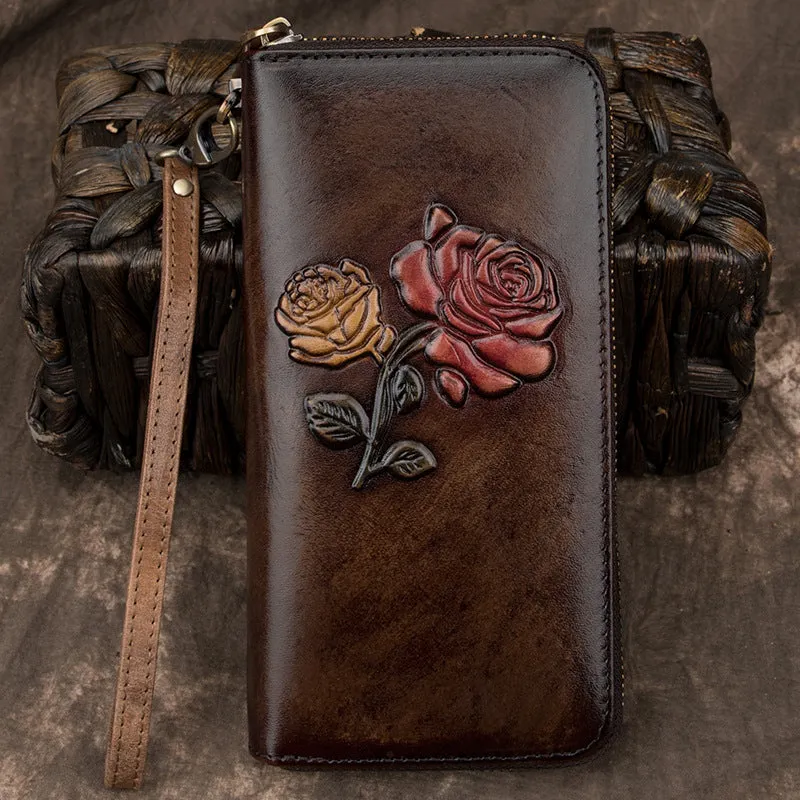 Womens Rose Flowers Black Leather Wristlet Wallets Zip Around Wallet Flowers Ladies Zipper Clutch Wallet for Women