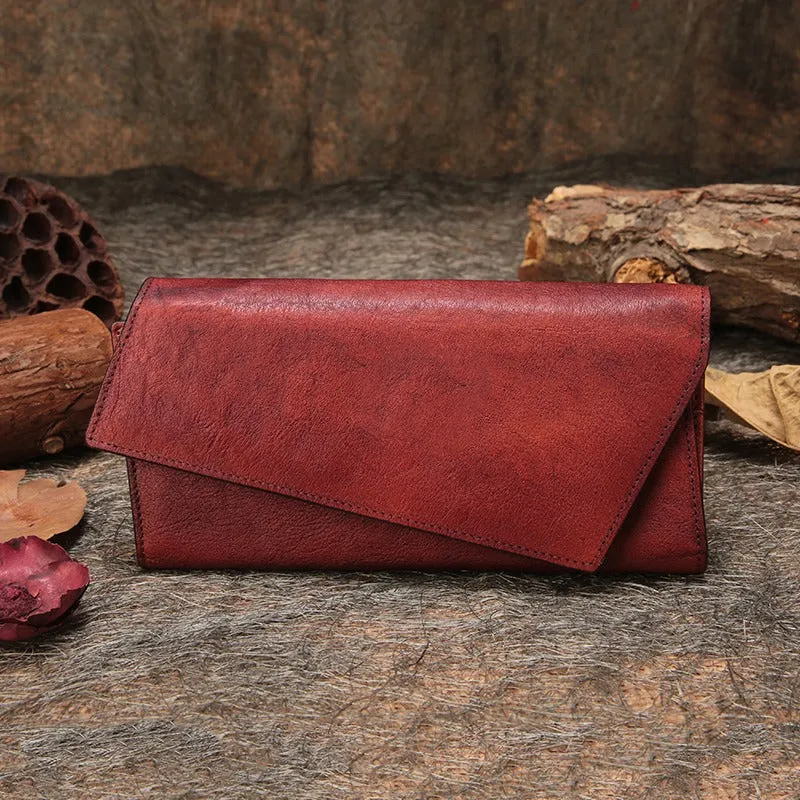 Womens Vintage Leather Trifold Long Wallet Geometry Clutch Long Wallet for Ladies