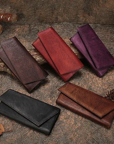 Womens Vintage Leather Trifold Long Wallet Geometry Clutch Long Wallet for Ladies