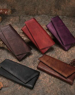 Womens Vintage Leather Trifold Long Wallet Geometry Clutch Long Wallet for Ladies