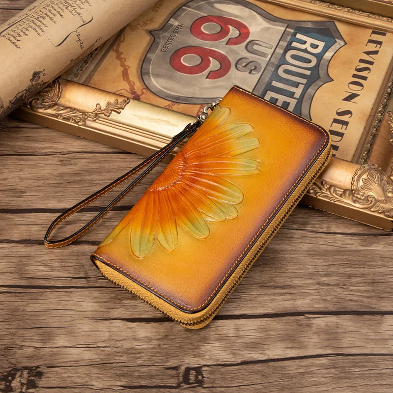 Womens Yellow Leather Zip Around Wallets Sunflower Wristlet Wallets Flower Ladies Zipper Clutch Wallet for Women