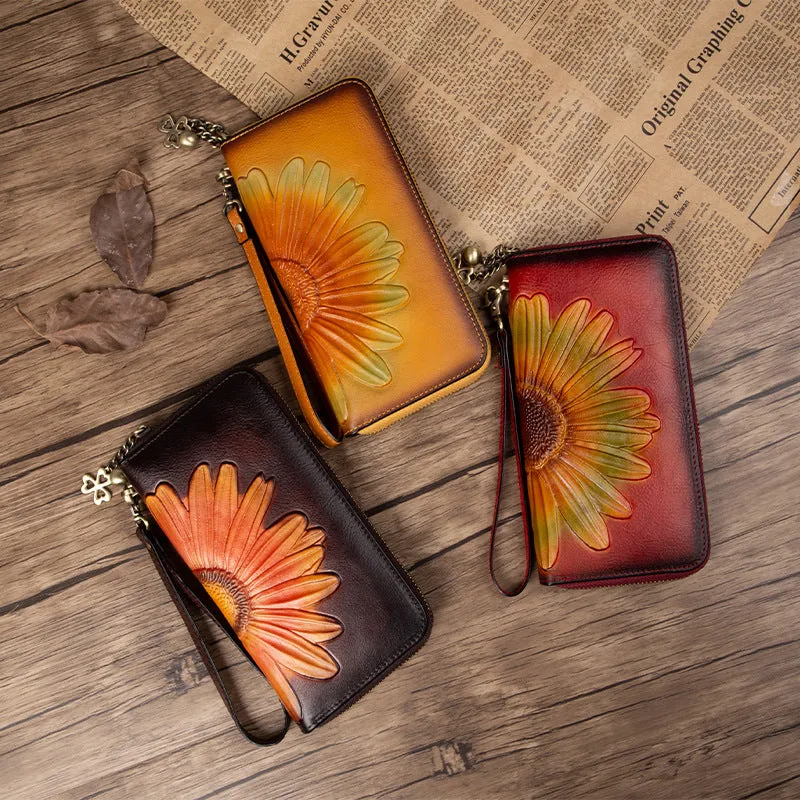 Womens Yellow Leather Zip Around Wallets Sunflower Wristlet Wallets Flower Ladies Zipper Clutch Wallet for Women