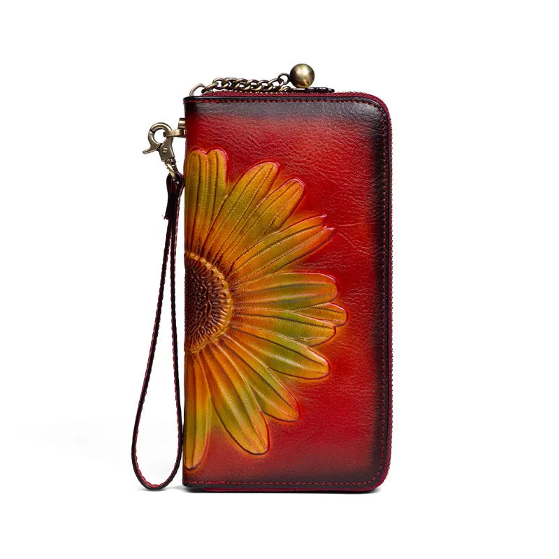 Womens Yellow Leather Zip Around Wallets Sunflower Wristlet Wallets Flower Ladies Zipper Clutch Wallet for Women