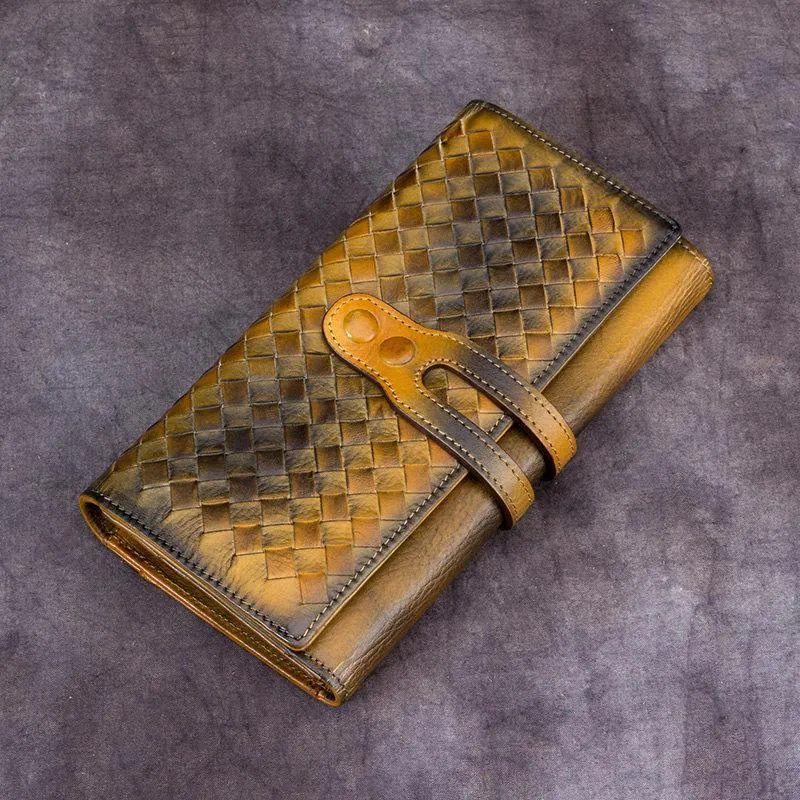 Yellow Vintage Womens Braided Leather Trifold Long Wallet Phone Clutch Purse for Ladies