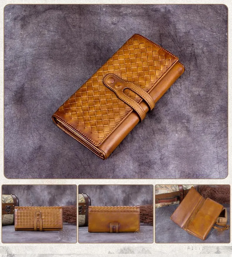Yellow Vintage Womens Braided Leather Trifold Long Wallet Phone Clutch Purse for Ladies