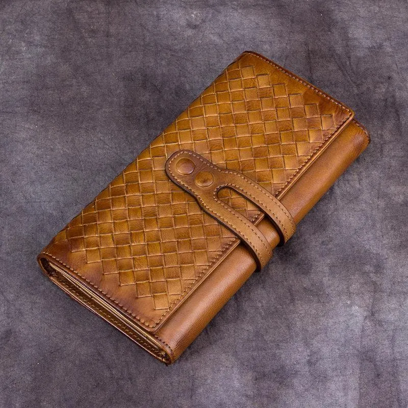 Yellow Vintage Womens Braided Leather Trifold Long Wallet Phone Clutch Purse for Ladies