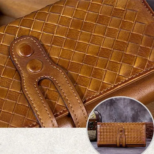 Yellow Vintage Womens Braided Leather Trifold Long Wallet Phone Clutch Purse for Ladies